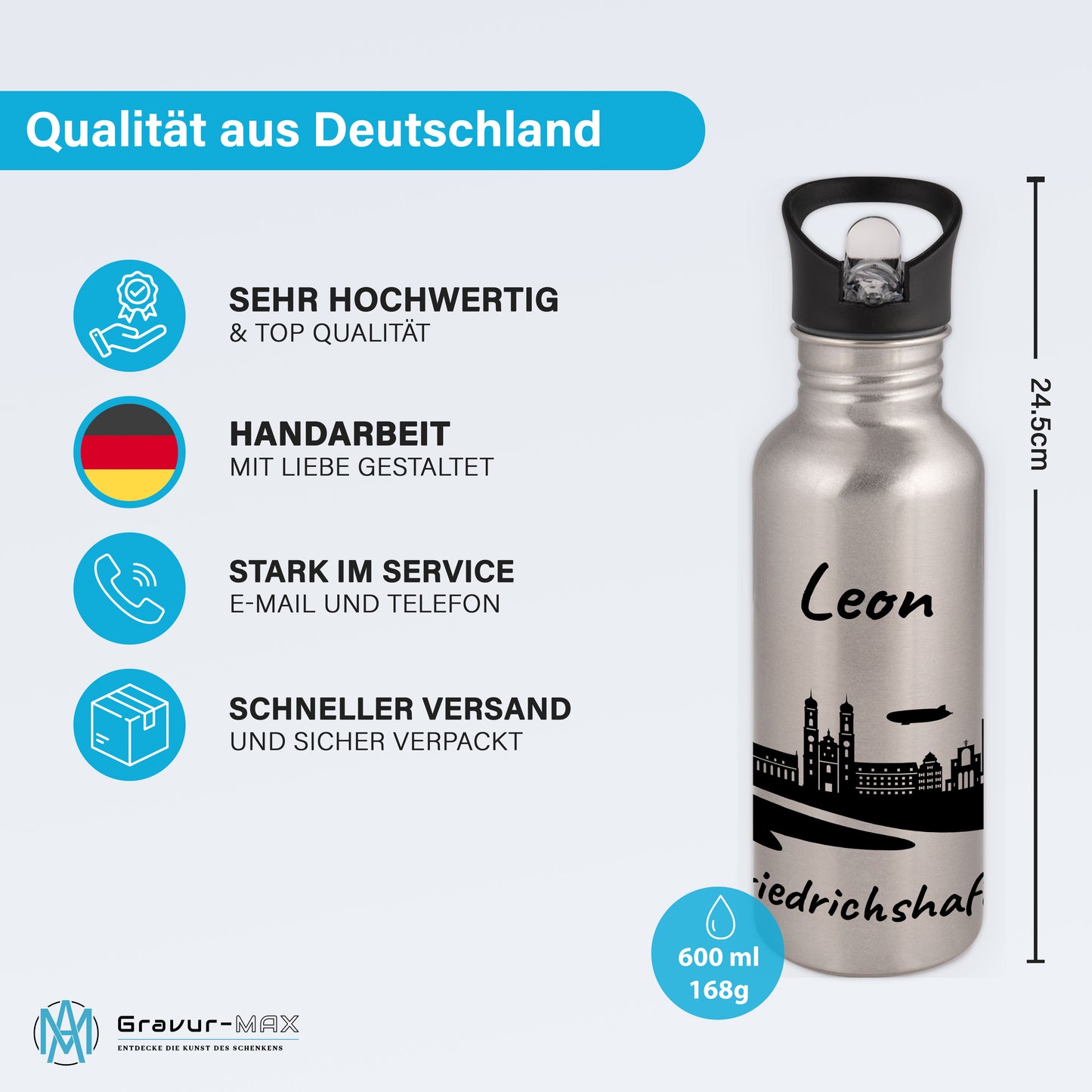 Trinkflasche in Silber 600ml aus Edelstahl bedruckt mit der Skyline von Friedrichshafen personalisierbar mit Wunschname