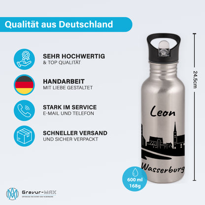 Trinkflasche in Silber 600ml aus Edelstahl bedruckt mit der Skyline von Wasserburg personalisierbar mit Wunschname
