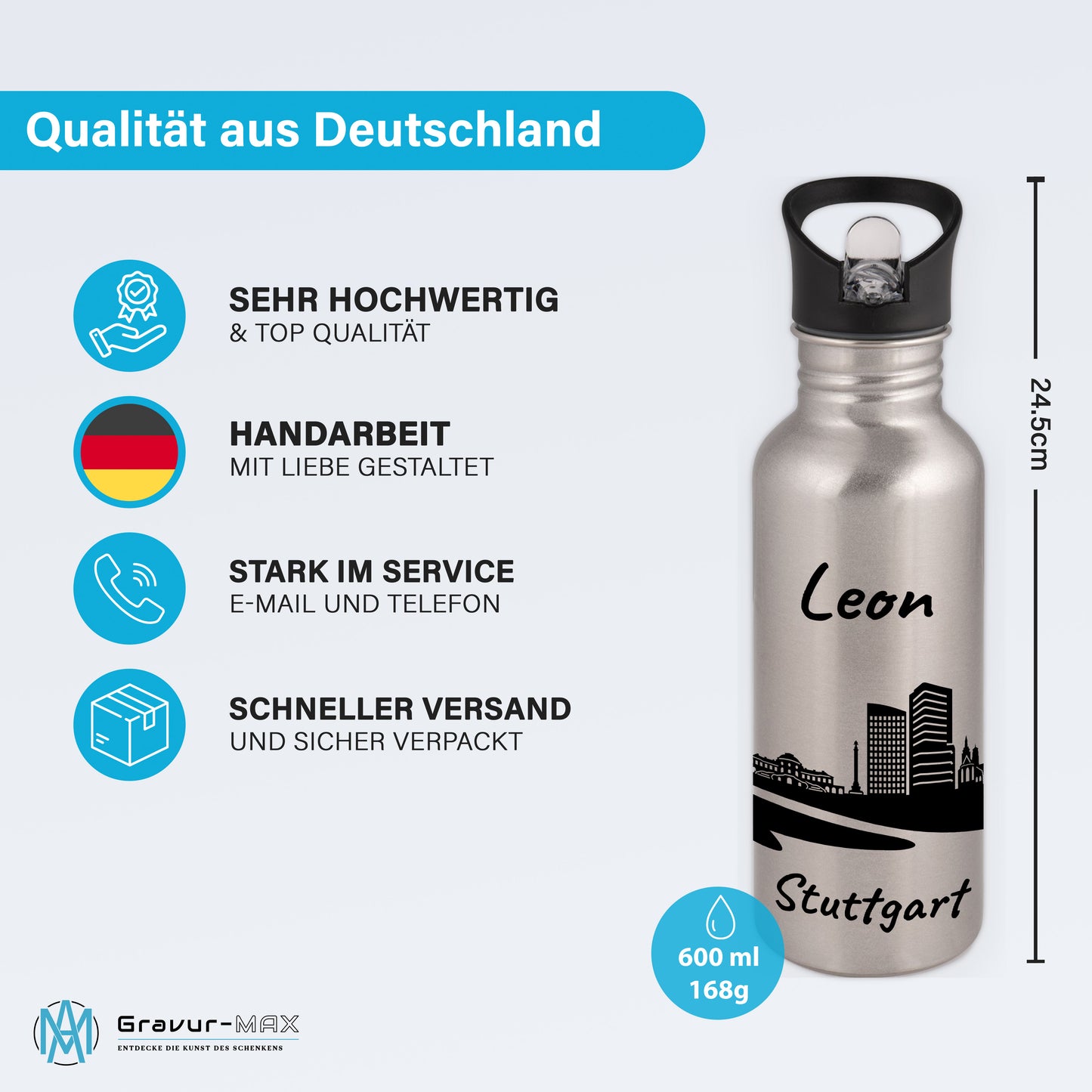 Trinkflasche in Silber 600ml aus Edelstahl bedruckt mit der Skyline von Stuttgart personalisierbar mit Wunschname
