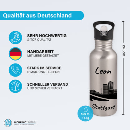 Trinkflasche in Silber 600ml aus Edelstahl bedruckt mit der Skyline von Stuttgart personalisierbar mit Wunschname