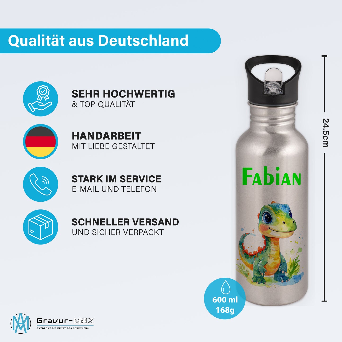 Trinkflasche mit Strohhalm in Silber 600ml bedruckt mit tollen Motiven für Kinder "Dino Kinder" personalisierbar für Kinder mit Wunschname aus Edelstahl