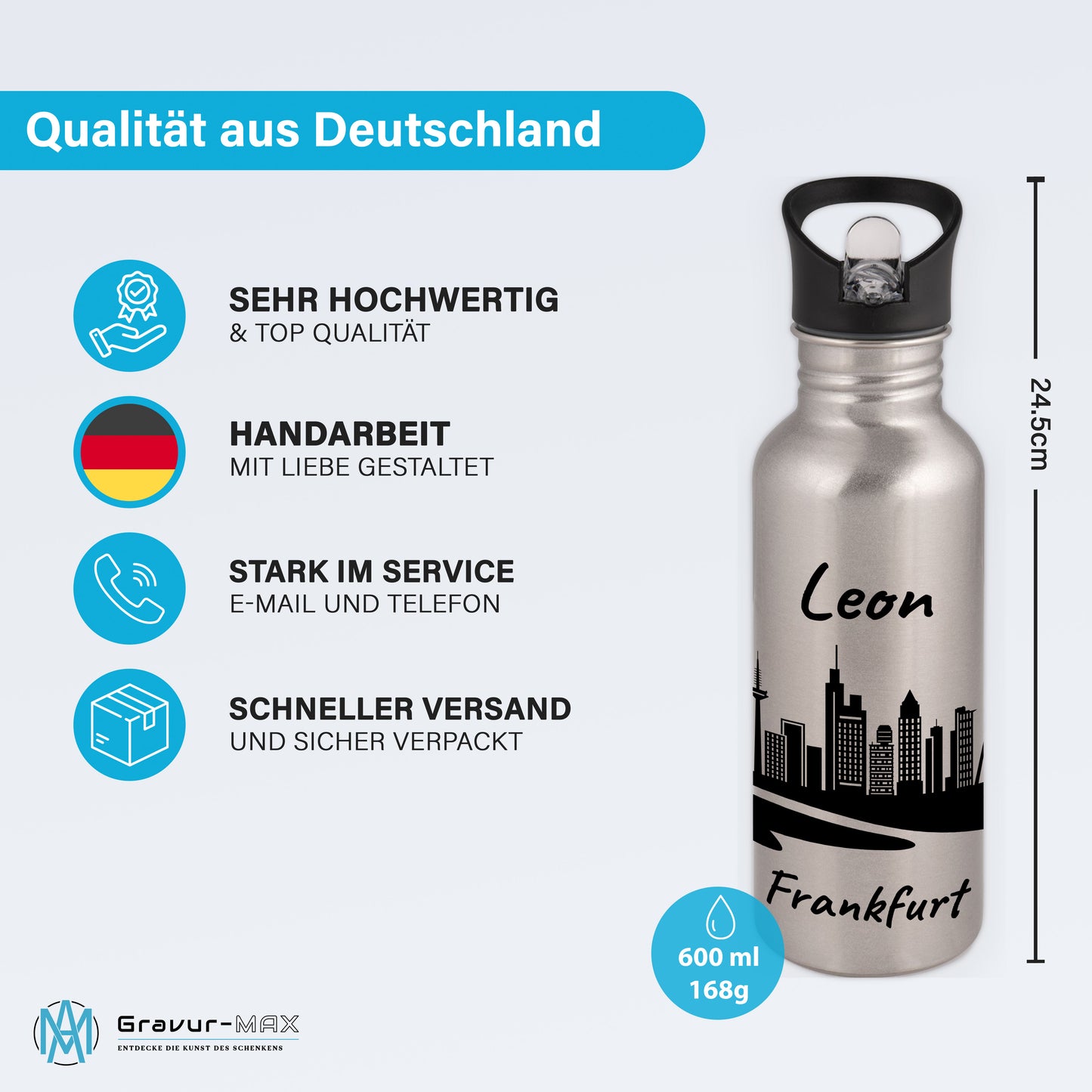 Trinkflasche in Silber 600ml aus Edelstahl bedruckt mit der Skyline von Frankfurt personalisierbar mit Wunschname