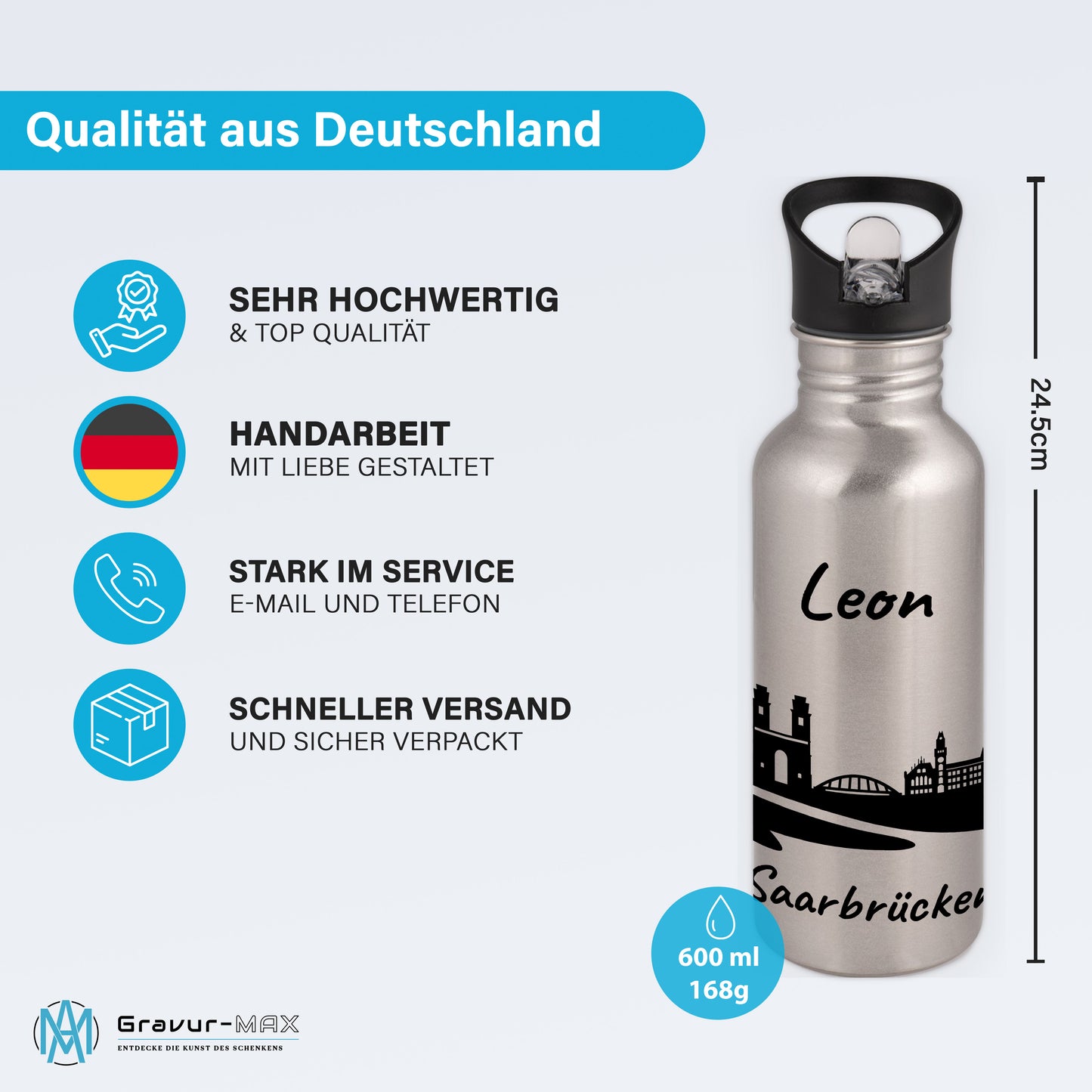 Trinkflasche in Silber 600ml aus Edelstahl bedruckt mit der Skyline von Saarbrücken personalisierbar mit Wunschname