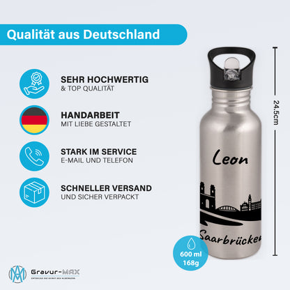 Trinkflasche in Silber 600ml aus Edelstahl bedruckt mit der Skyline von Saarbrücken personalisierbar mit Wunschname