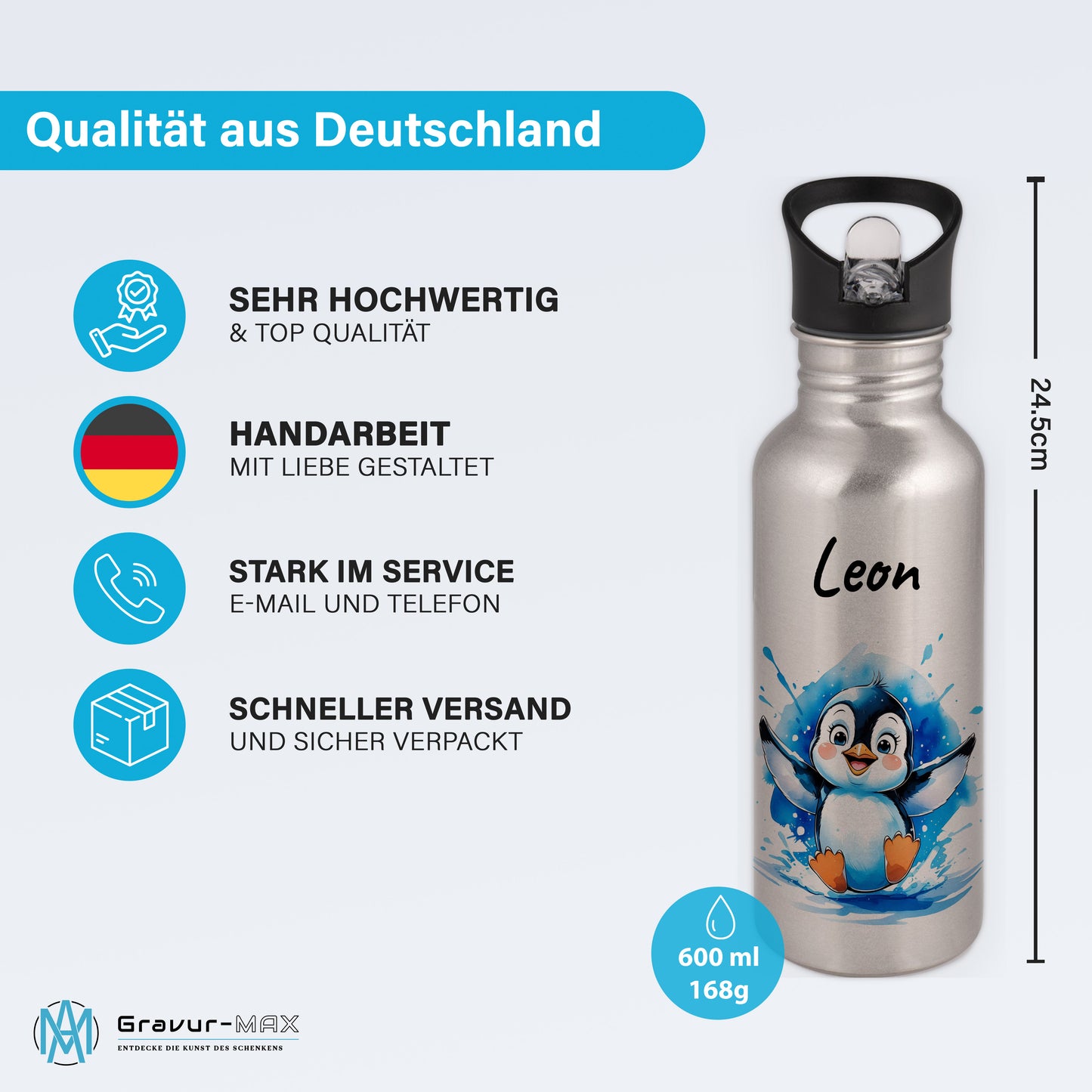 Trinkflasche mit Strohhalm in Silber 600ml bedruckt mit niedlichen Tieren"Pinguin" personalisierbar für Kinder mit Wunschname aus Edelstahl