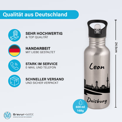 Trinkflasche in Silber 600ml aus Edelstahl bedruckt mit der Skyline von Duisburg personalisierbar mit Wunschname