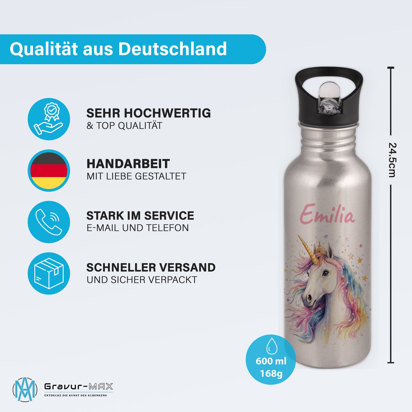 Trinkflasche mit Strohhalm in Silber 600ml bedruckt mit tollen Motiven für Kinder "Einhorn" personalisierbar für Kinder mit Wunschname aus Edelstahl