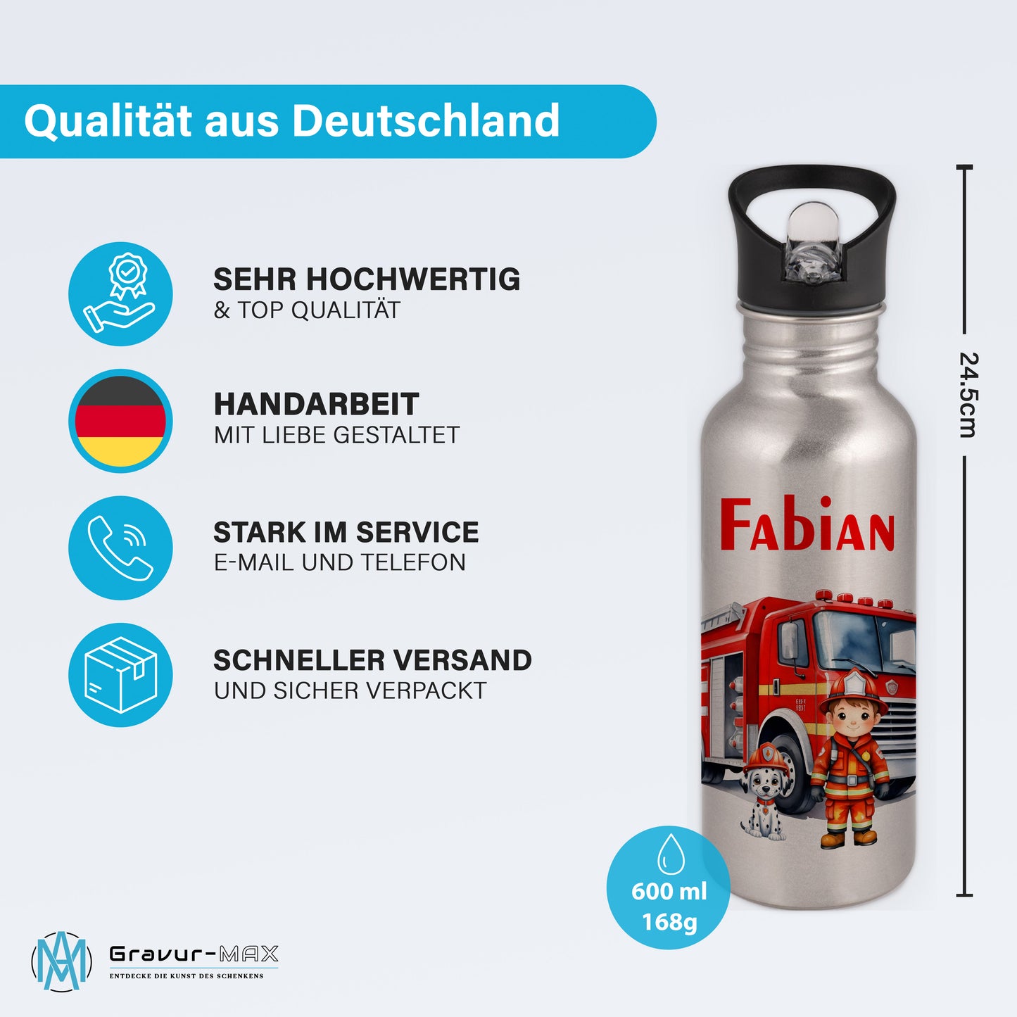 Trinkflasche mit Strohhalm in Silber 600ml bedruckt mit tollen Motiven für Kinder "Feuerwehr" personalisierbar für Kinder mit Wunschname aus Edelstahl