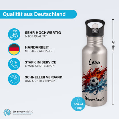 Trinkflasche mit Strohhalm in Silber 600ml bedruckt mit Fußball Motiven"Motiv12" personalisierbar für Kinder mit Wunschname aus Edelstahl