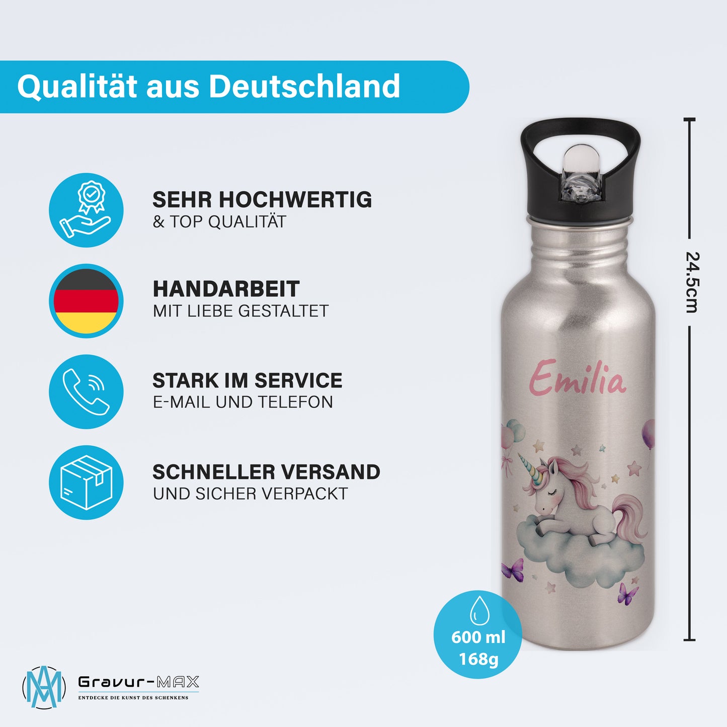 Trinkflasche mit Strohhalm in Silber 600ml bedruckt mit tollen Motiven für Kinder "Einhorn Wolke" personalisierbar für Kinder mit Wunschname aus Edelstahl