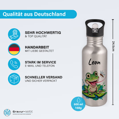 Trinkflasche mit Strohhalm in Silber 600ml bedruckt mit niedlichen Tieren"Frosch" personalisierbar für Kinder mit Wunschname aus Edelstahl