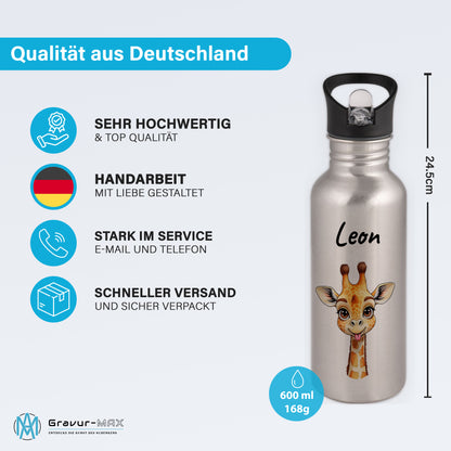Trinkflasche mit Strohhalm in Silber 600ml bedruckt mit niedlichen Tieren"Giraffe" personalisierbar für Kinder mit Wunschname aus Edelstahl