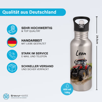 Trinkflasche mit Strohhalm in Silber 600ml bedruckt mit tollen Motiven für Kinder "Traktor" personalisierbar für Kinder mit Wunschname aus Edelstahl
