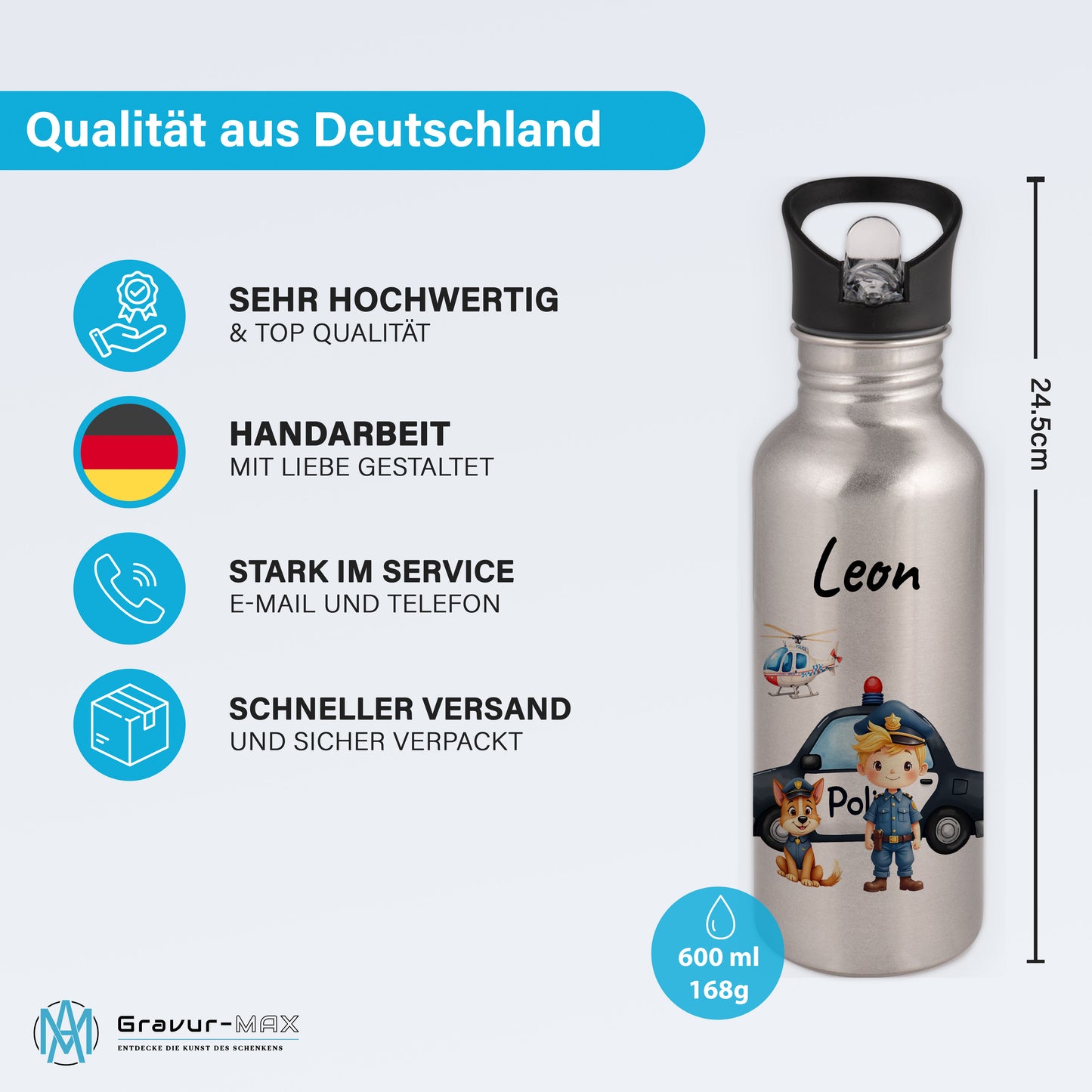 Trinkflasche mit Strohhalm in Silber 600ml bedruckt mit tollen Motiven für Kinder "Polizei" personalisierbar für Kinder mit Wunschname aus Edelstahl
