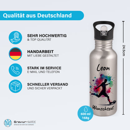 Trinkflasche mit Strohhalm in Silber 600ml bedruckt mit Fußball Motiven"Motiv4" personalisierbar für Kinder mit Wunschname aus Edelstahl