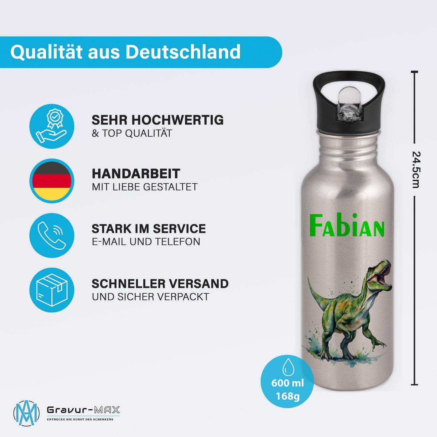 Trinkflasche mit Strohhalm in Silber 600ml bedruckt mit tollen Motiven für Kinder "Dino T-Rex" personalisierbar für Kinder mit Wunschname aus Edelstahl