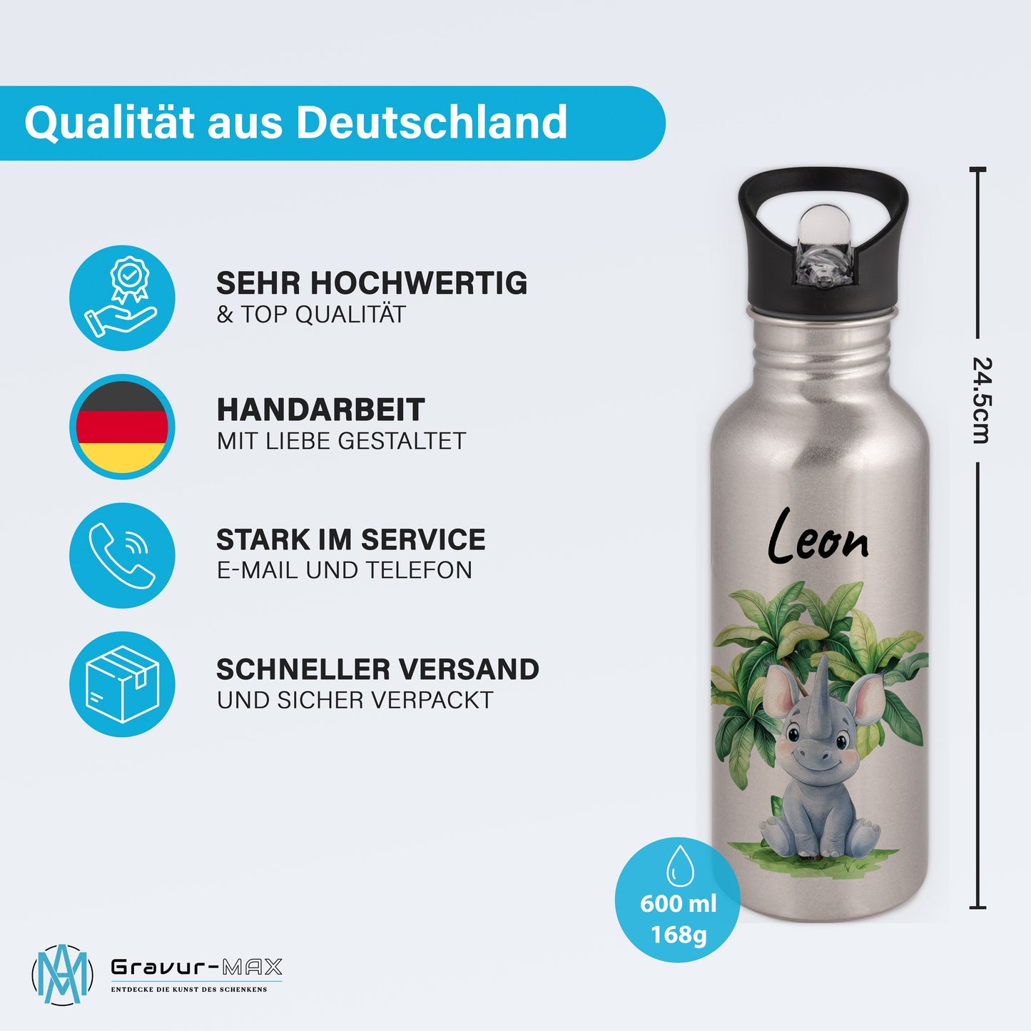 Trinkflasche mit Strohhalm in Silber 600ml bedruckt mit Dschungel Tieren"Nashorn" personalisierbar für Kinder mit Wunschname aus Edelstahl