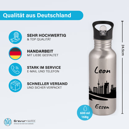 Trinkflasche in Silber 600ml aus Edelstahl bedruckt mit der Skyline von Essen personalisierbar mit Wunschname