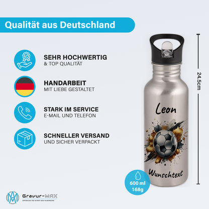 Trinkflasche mit Strohhalm in Silber 600ml bedruckt mit Fußball Motiven"Motiv13" personalisierbar für Kinder mit Wunschname aus Edelstahl
