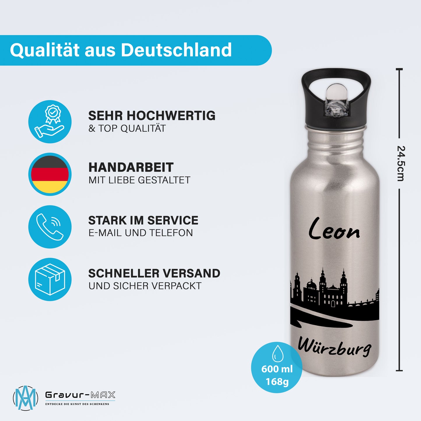Trinkflasche in Silber 600ml aus Edelstahl bedruckt mit der Skyline von Würzburg personalisierbar mit Wunschname