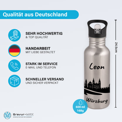 Trinkflasche in Silber 600ml aus Edelstahl bedruckt mit der Skyline von Würzburg personalisierbar mit Wunschname