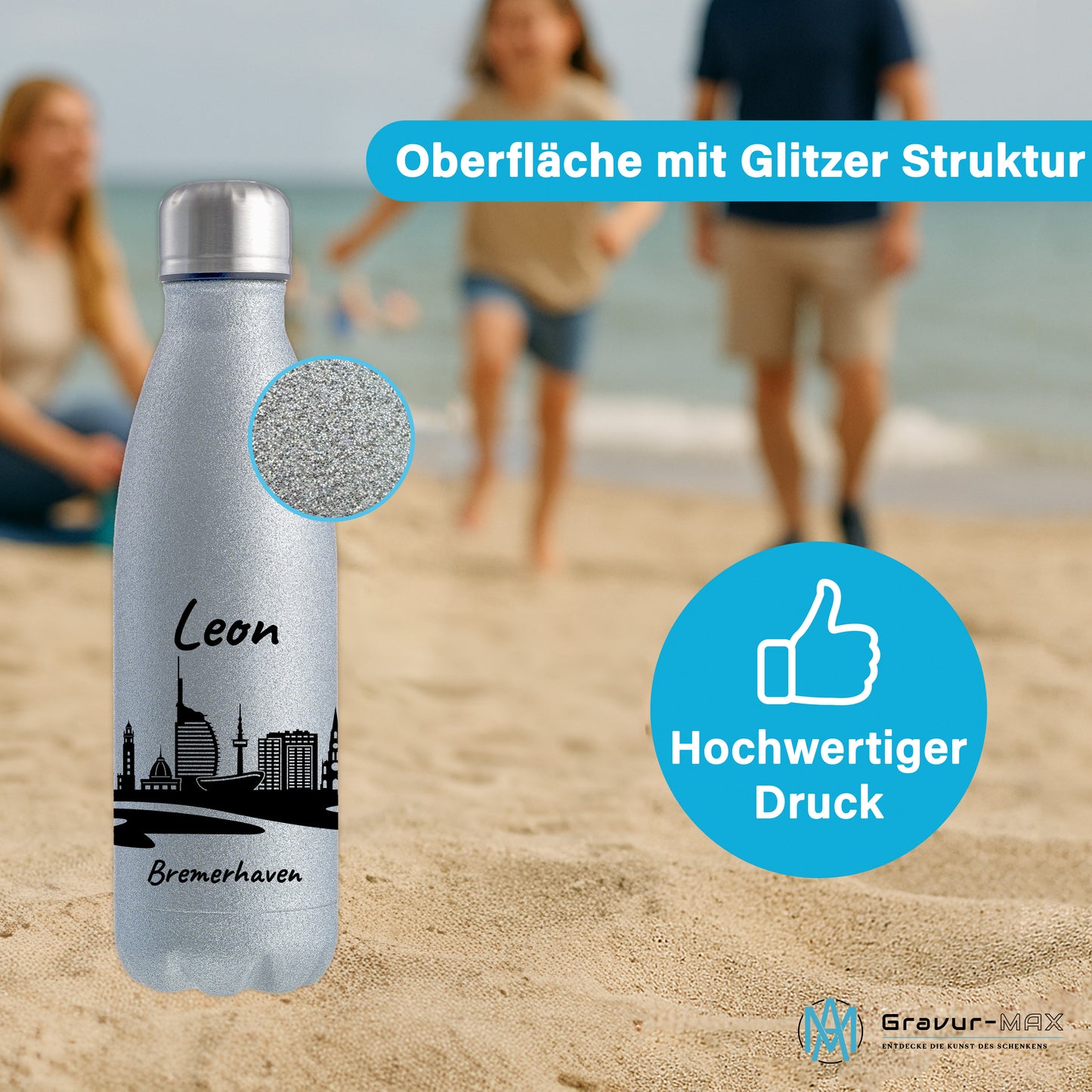 Glitzer Trinkflasche in Silber 500ml aus Edelstahl bedruckt mit der Skyline von Bremerhaven personalisierbar mit Wunschname
