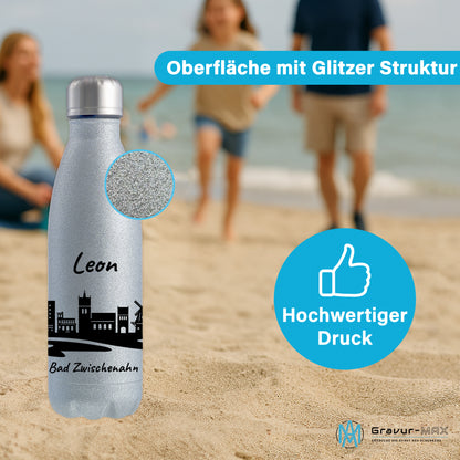Glitzer Trinkflasche in Silber 500ml aus Edelstahl bedruckt mit der Skyline von Bad Zwischenahn personalisierbar mit Wunschname