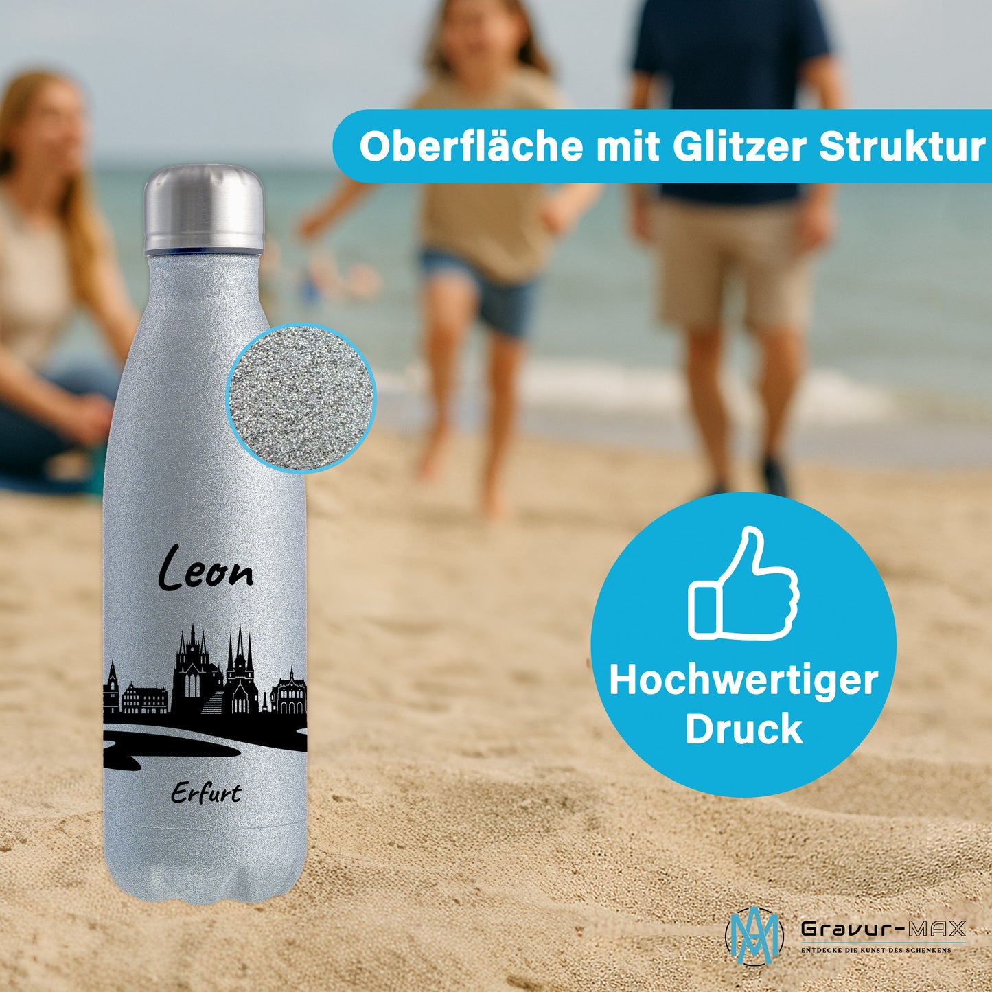 Glitzer Trinkflasche in Silber 500ml aus Edelstahl bedruckt mit der Skyline von Erfurt personalisierbar mit Wunschname