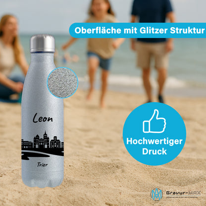 Glitzer Trinkflasche in Silber 500ml aus Edelstahl bedruckt mit der Skyline von Trier personalisierbar mit Wunschname