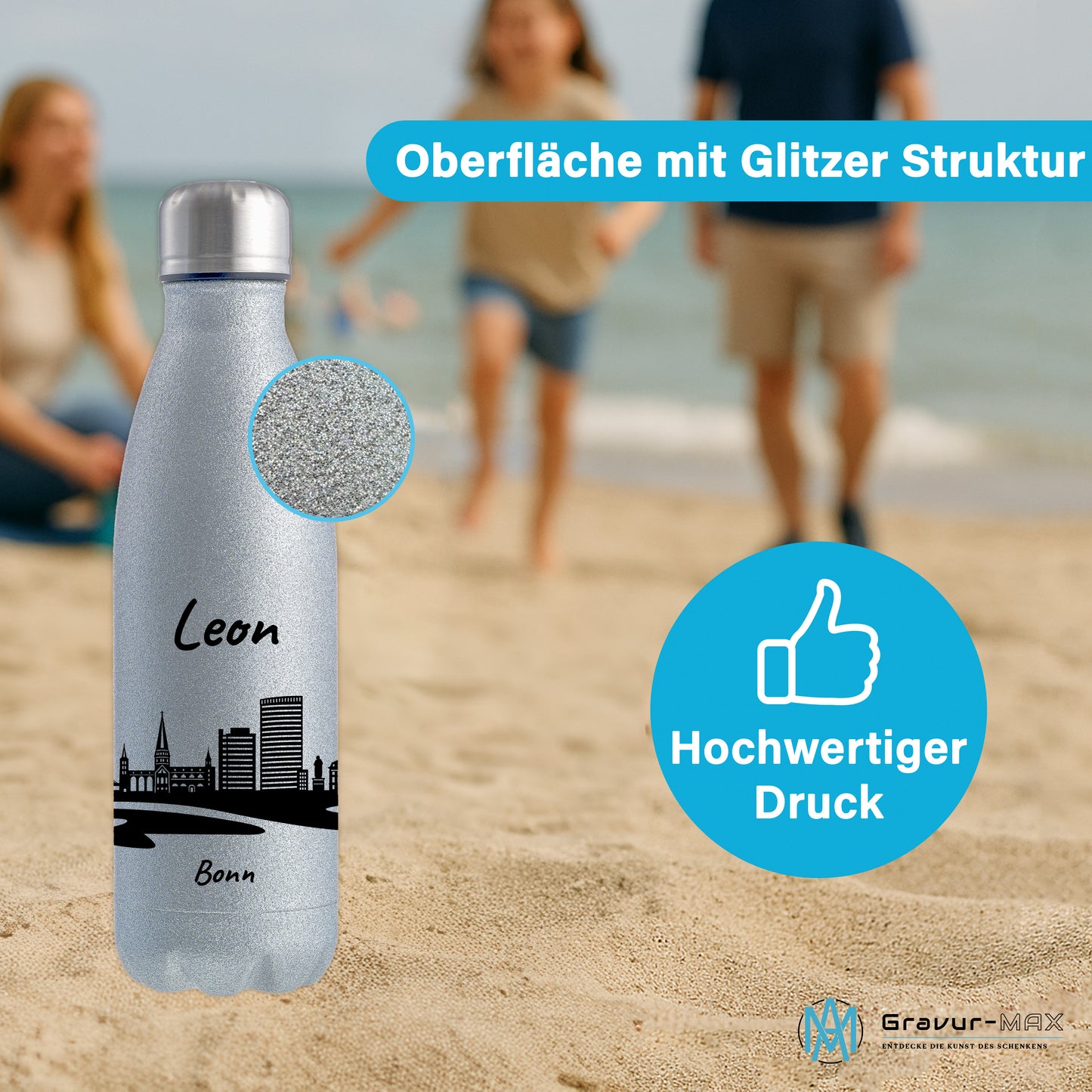 Glitzer Trinkflasche in Silber 500ml aus Edelstahl bedruckt mit der Skyline von Bonn personalisierbar mit Wunschname