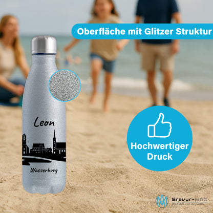 Glitzer Trinkflasche in Silber 500ml aus Edelstahl bedruckt mit der Skyline von Wasserburg personalisierbar mit Wunschname