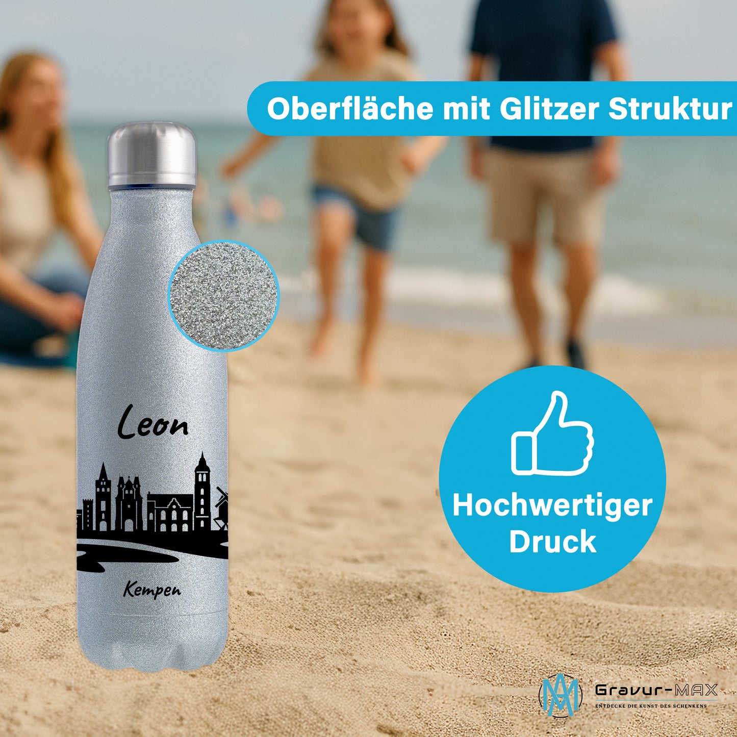 Glitzer Trinkflasche in Silber 500ml aus Edelstahl bedruckt mit der Skyline von Kempen personalisierbar mit Wunschname