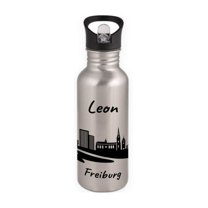 Trinkflasche in Silber 600ml aus Edelstahl bedruckt mit der Skyline von Freiburg personalisierbar mit Wunschname
