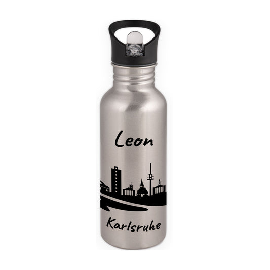 Trinkflasche in Silber 600ml aus Edelstahl bedruckt mit der Skyline von Karlsruhe personalisierbar mit Wunschname