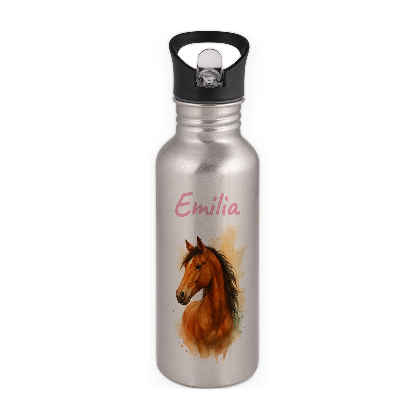 Trinkflasche mit Strohhalm in Silber 600ml bedruckt mit tollen Motiven für Kinder "Pferd" personalisierbar für Kinder mit Wunschname aus Edelstahl