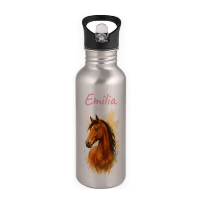 Trinkflasche mit Strohhalm in Silber 600ml bedruckt mit tollen Motiven für Kinder "Pferd" personalisierbar für Kinder mit Wunschname aus Edelstahl