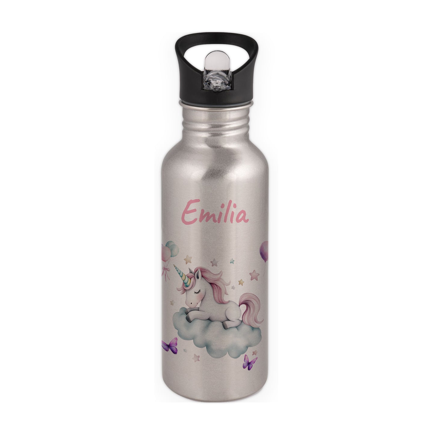 Trinkflasche mit Strohhalm in Silber 600ml bedruckt mit tollen Motiven für Kinder "Einhorn Wolke" personalisierbar für Kinder mit Wunschname aus Edelstahl