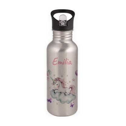 Trinkflasche mit Strohhalm in Silber 600ml bedruckt mit tollen Motiven für Kinder "Einhorn Wolke" personalisierbar für Kinder mit Wunschname aus Edelstahl