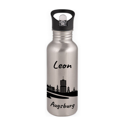 Trinkflasche in Silber 600ml aus Edelstahl bedruckt mit der Skyline von Augsburg personalisierbar mit Wunschname