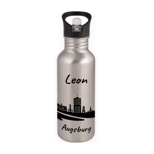 Trinkflasche in Silber 600ml aus Edelstahl bedruckt mit der Skyline von Augsburg personalisierbar mit Wunschname