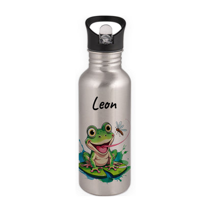 Trinkflasche mit Strohhalm in Silber 600ml bedruckt mit niedlichen Tieren"Frosch" personalisierbar für Kinder mit Wunschname aus Edelstahl