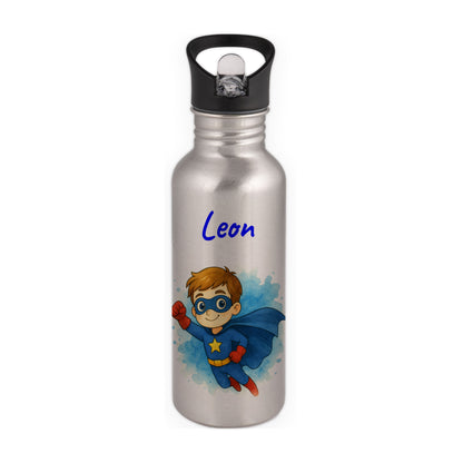 Trinkflasche mit Strohhalm in Silber 600ml bedruckt mit tollen Motiven für Kinder "Superheld" personalisierbar für Kinder mit Wunschname aus Edelstahl