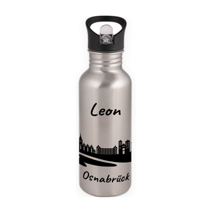 Trinkflasche in Silber 600ml aus Edelstahl bedruckt mit der Skyline von Osnabrück personalisierbar mit Wunschname