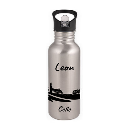 Trinkflasche in Silber 600ml aus Edelstahl bedruckt mit der Skyline von Celle personalisierbar mit Wunschname
