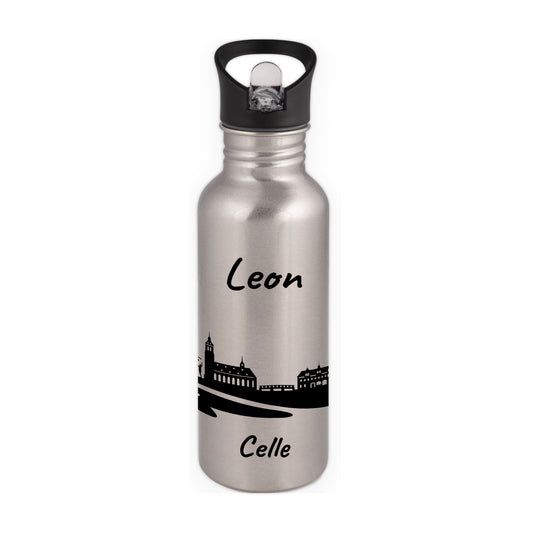 Trinkflasche in Silber 600ml aus Edelstahl bedruckt mit der Skyline von Celle personalisierbar mit Wunschname