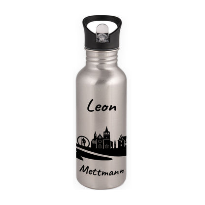 Trinkflasche in Silber 600ml aus Edelstahl bedruckt mit der Skyline von Mettmann personalisierbar mit Wunschname