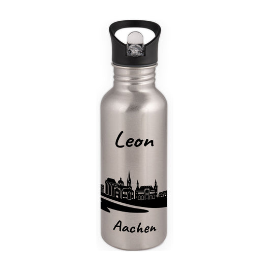 Trinkflasche in Silber 600ml aus Edelstahl bedruckt mit der Skyline von Aachen personalisierbar mit Wunschname