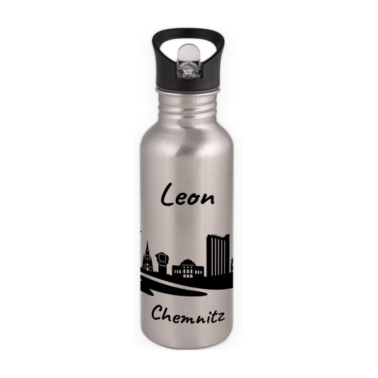 Trinkflasche in Silber 600ml aus Edelstahl bedruckt mit der Skyline von Chemnitz personalisierbar mit Wunschname