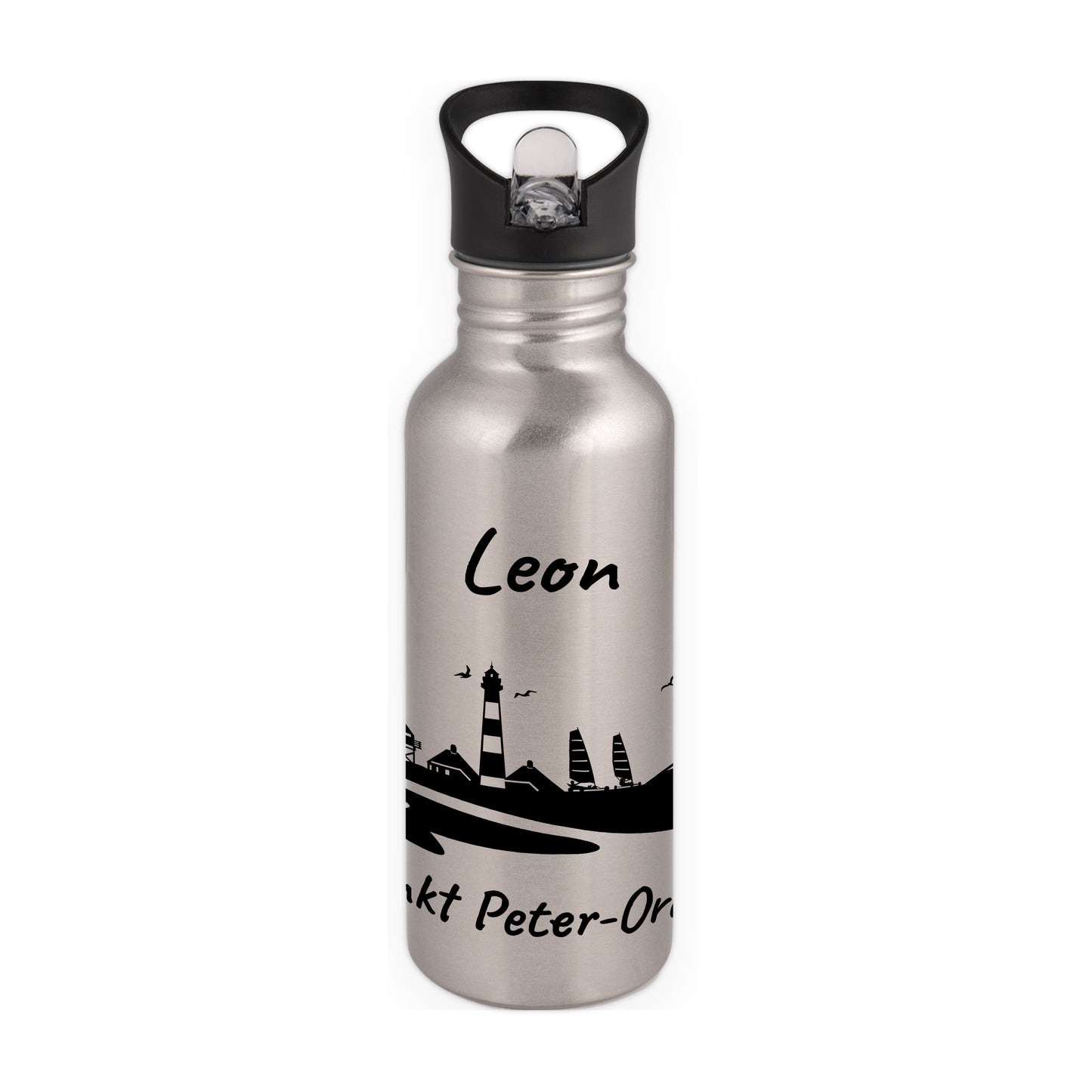 Trinkflasche in Silber 600ml aus Edelstahl bedruckt mit der Skyline von Sankt Peter-Ording personalisierbar mit Wunschname