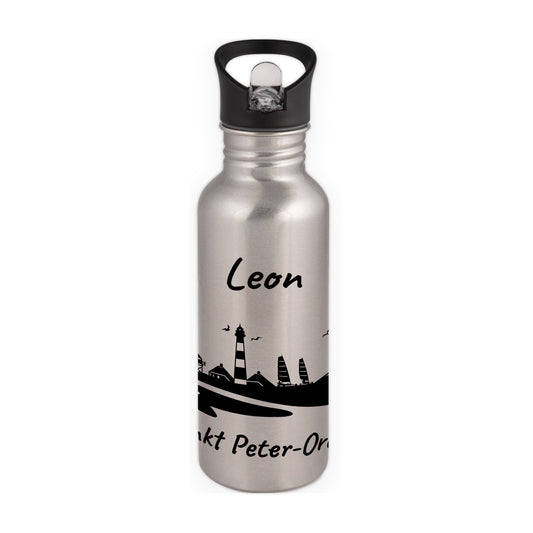 Trinkflasche in Silber 600ml aus Edelstahl bedruckt mit der Skyline von Sankt Peter-Ording personalisierbar mit Wunschname